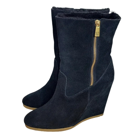 Coach Danee Black Suede Leather‎ Shearling Fur Lined Wedge Boots - Picture 1 of 16